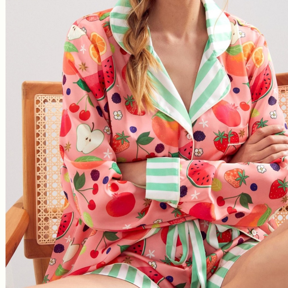 Anthropologie Fruit Print Pajama Set - Pink and Green